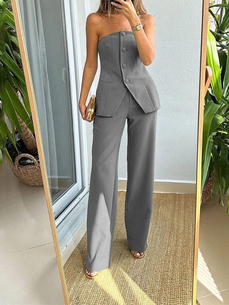 Women's Strapless Top & Wide Leg Trousers Set