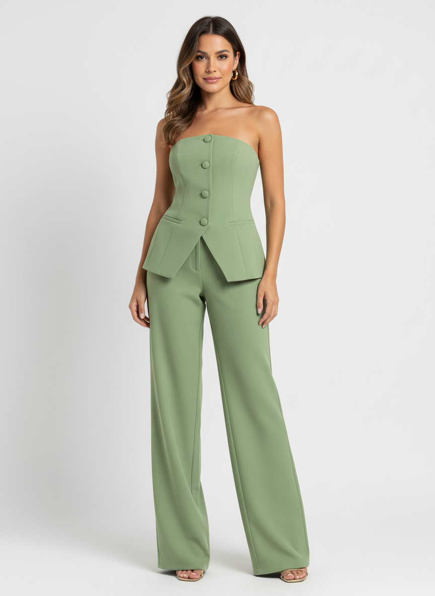 Women's Strapless Top & Wide Leg Trousers Set