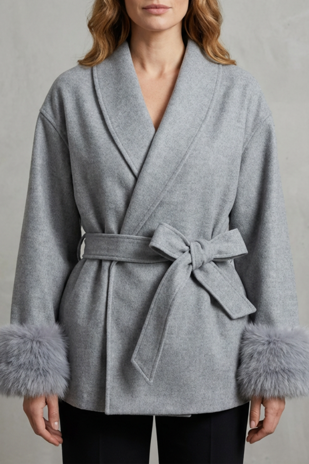 Manteau portefeuille pour femme avec ceinture et poignets en fausse fourrure