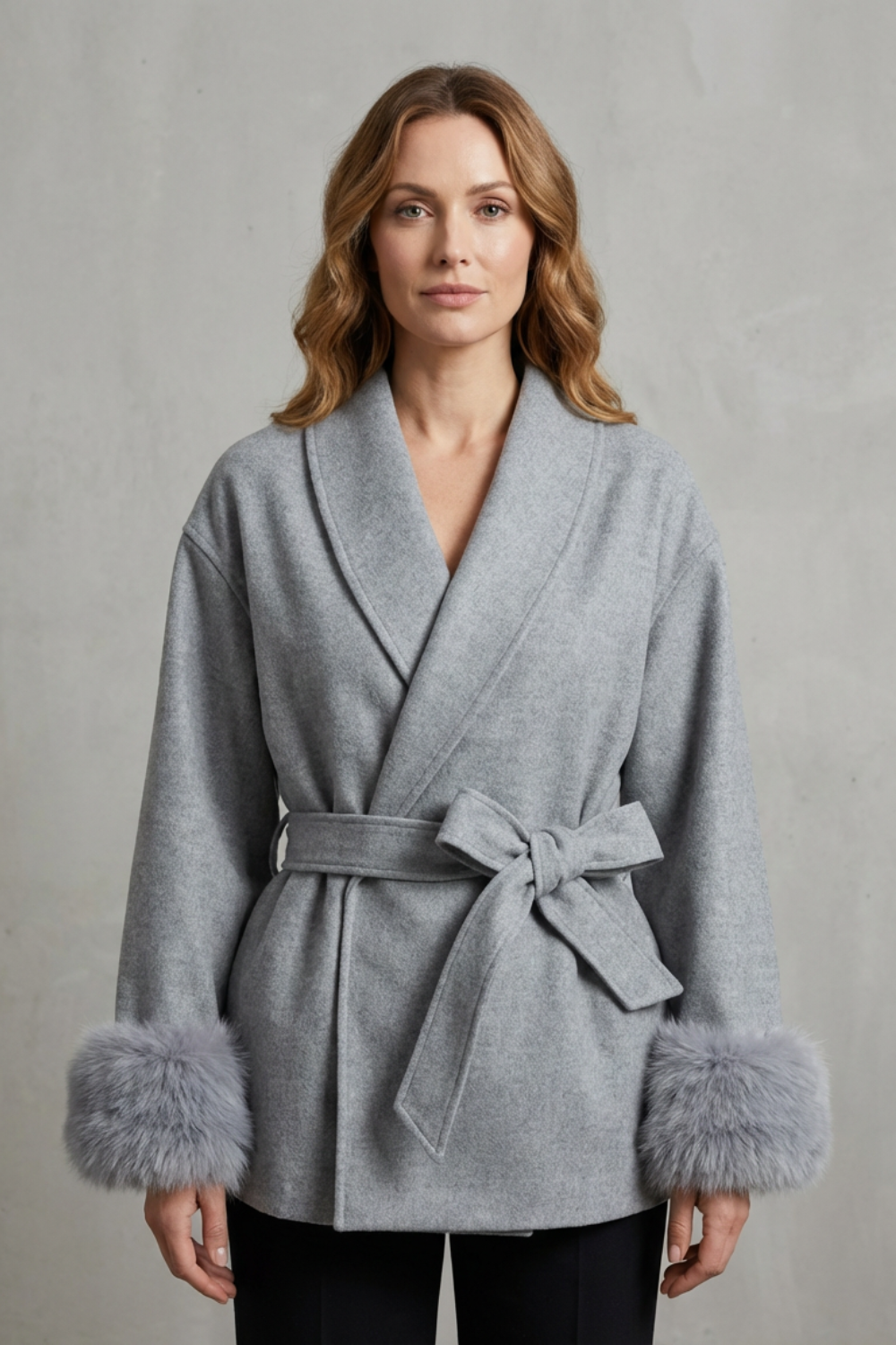 Manteau portefeuille pour femme avec ceinture et poignets en fausse fourrure