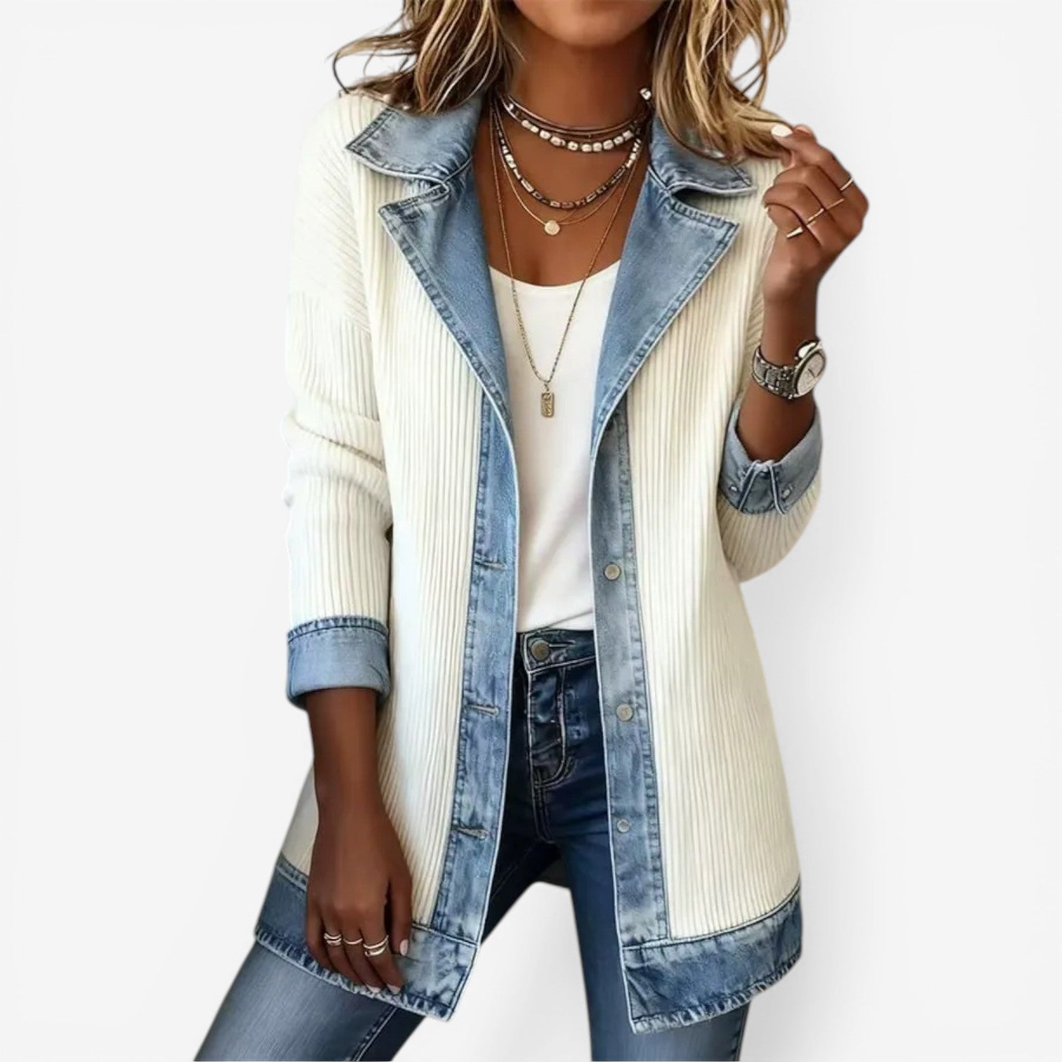 Knit Jacket with Denim Trim and Button-Front Design