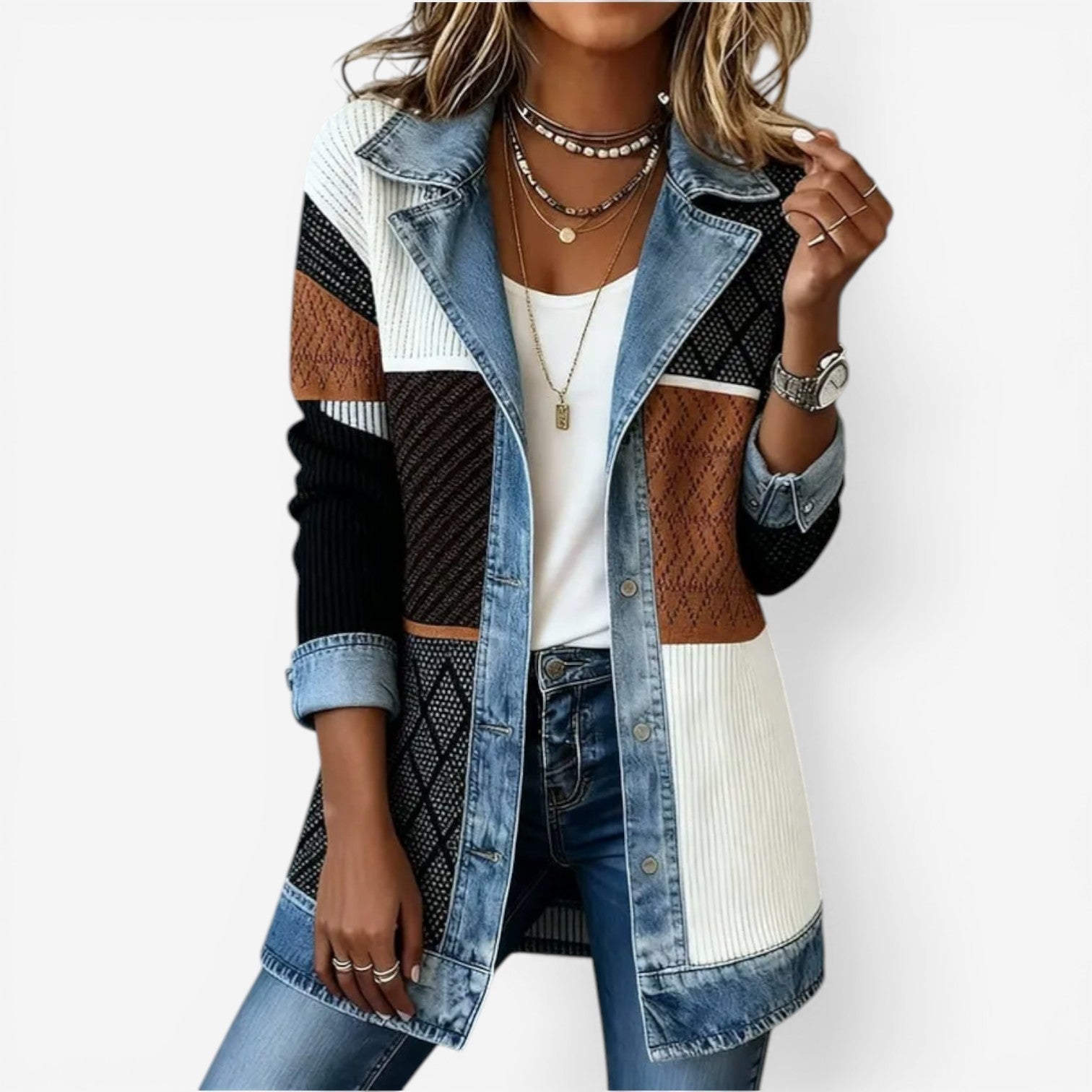 Knit Jacket with Denim Trim and Button-Front Design