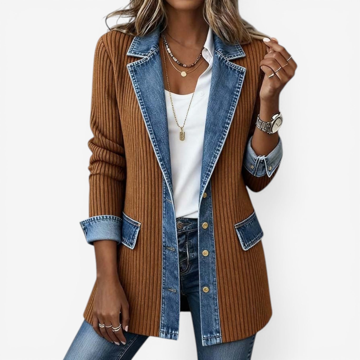 Knit Jacket with Denim Trim and Button-Front Design