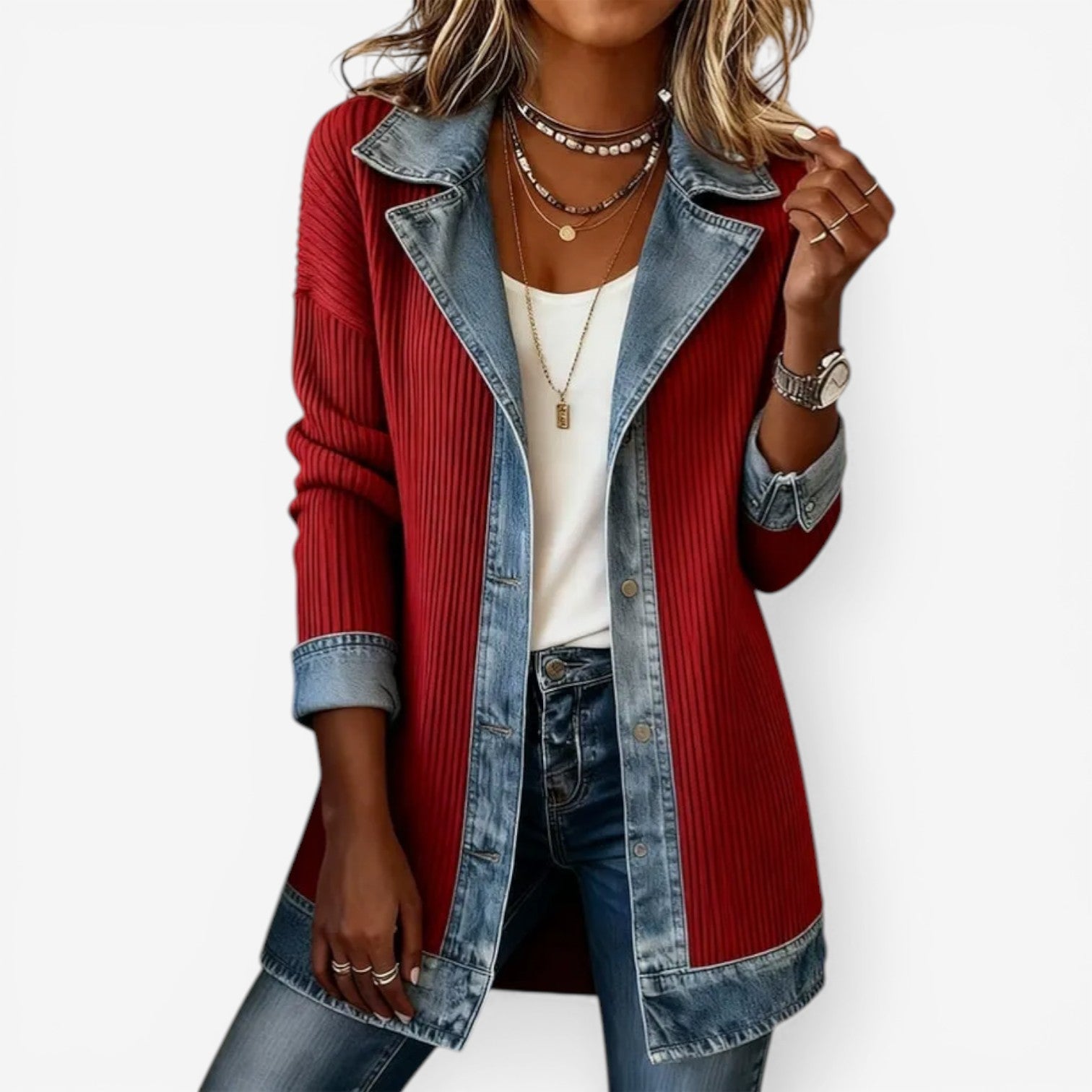 Knit Jacket with Denim Trim and Button-Front Design