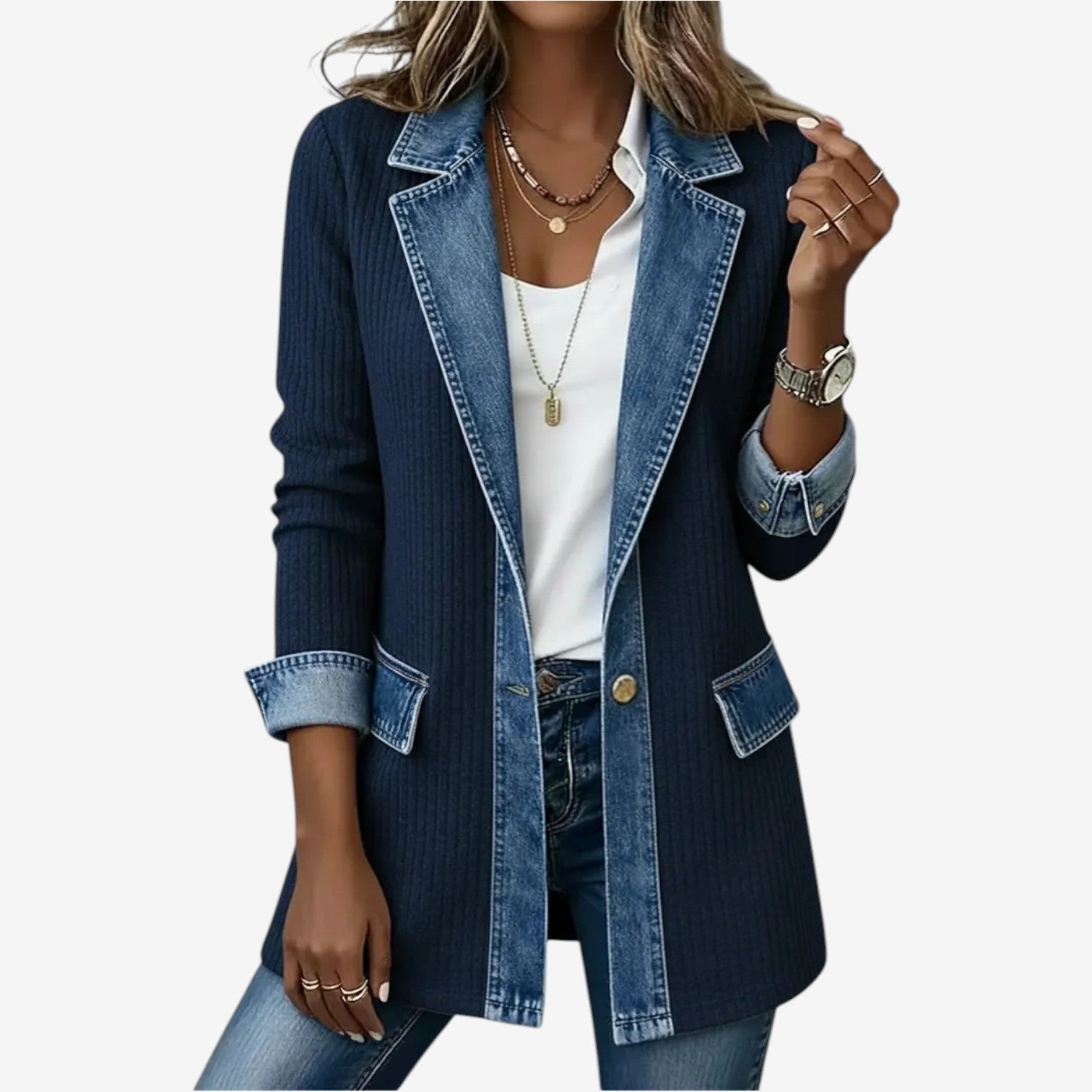 Knit Jacket with Denim Trim and Button-Front Design