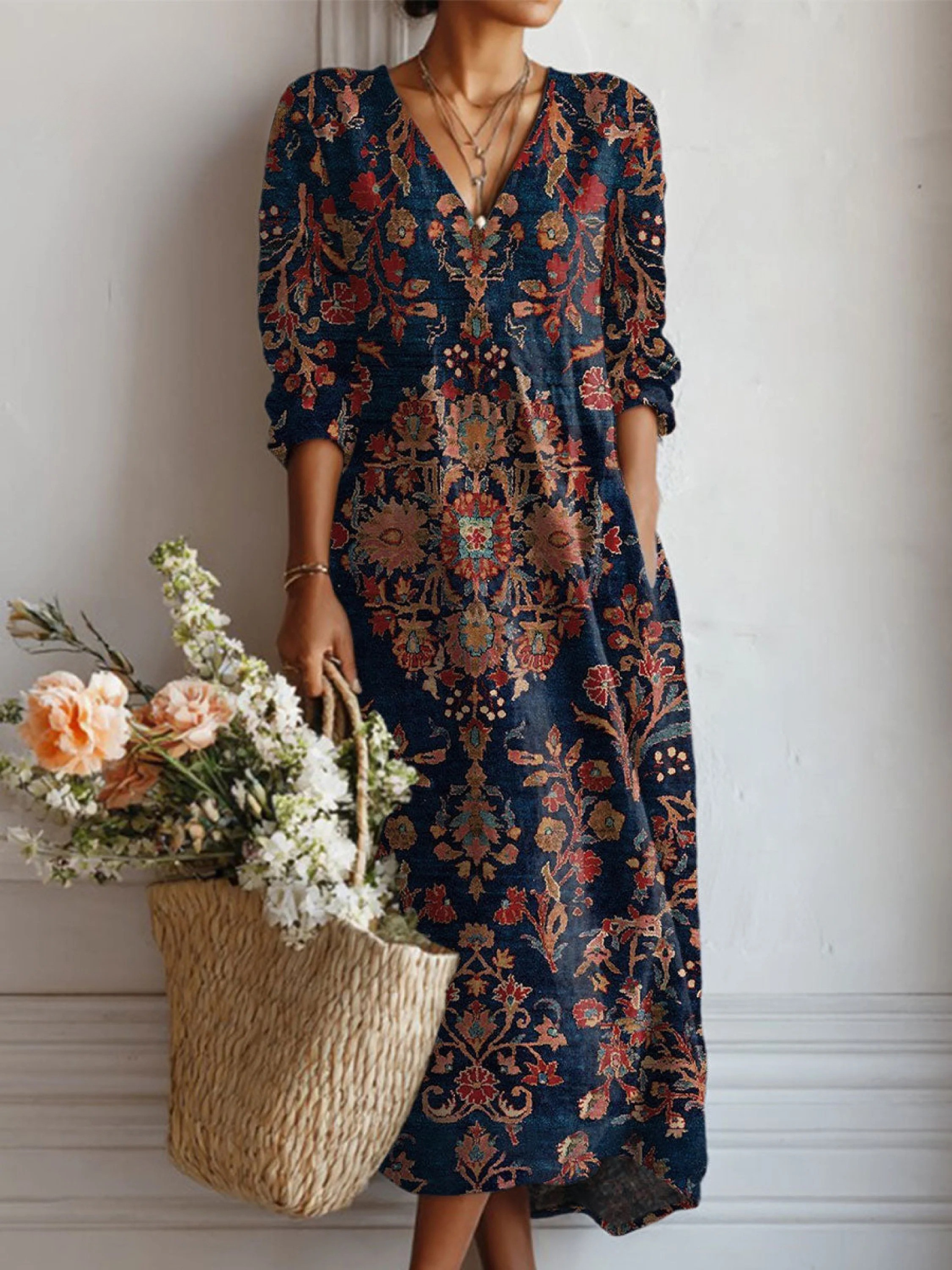 Floral Print Midi Dress with V-Neckline