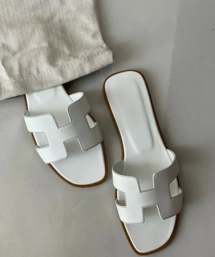 Leather Slide Sandals with Cutout Strap Design