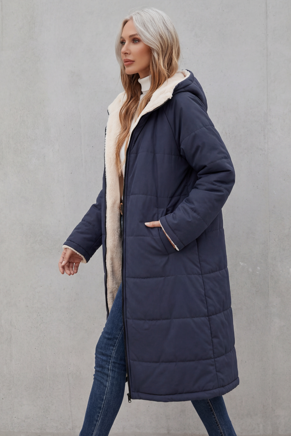 Doudoune longue à capuche pour femme, doublée en polaire
