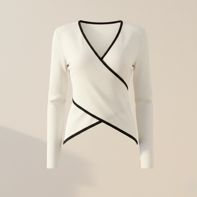 Women's Contrast Trim Wrap Front Long Sleeve Top