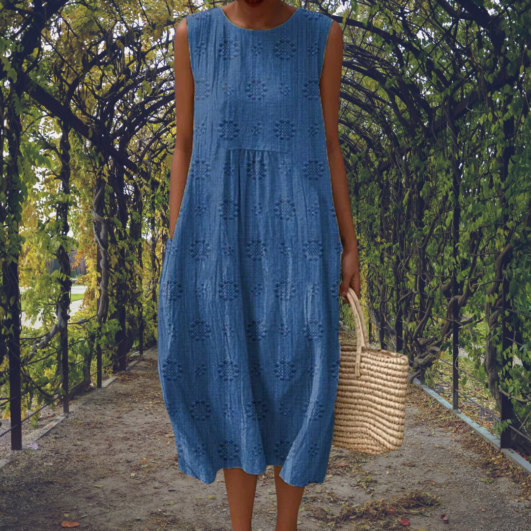 Embroidered Midi Dress with Pockets and Pleated Bodice