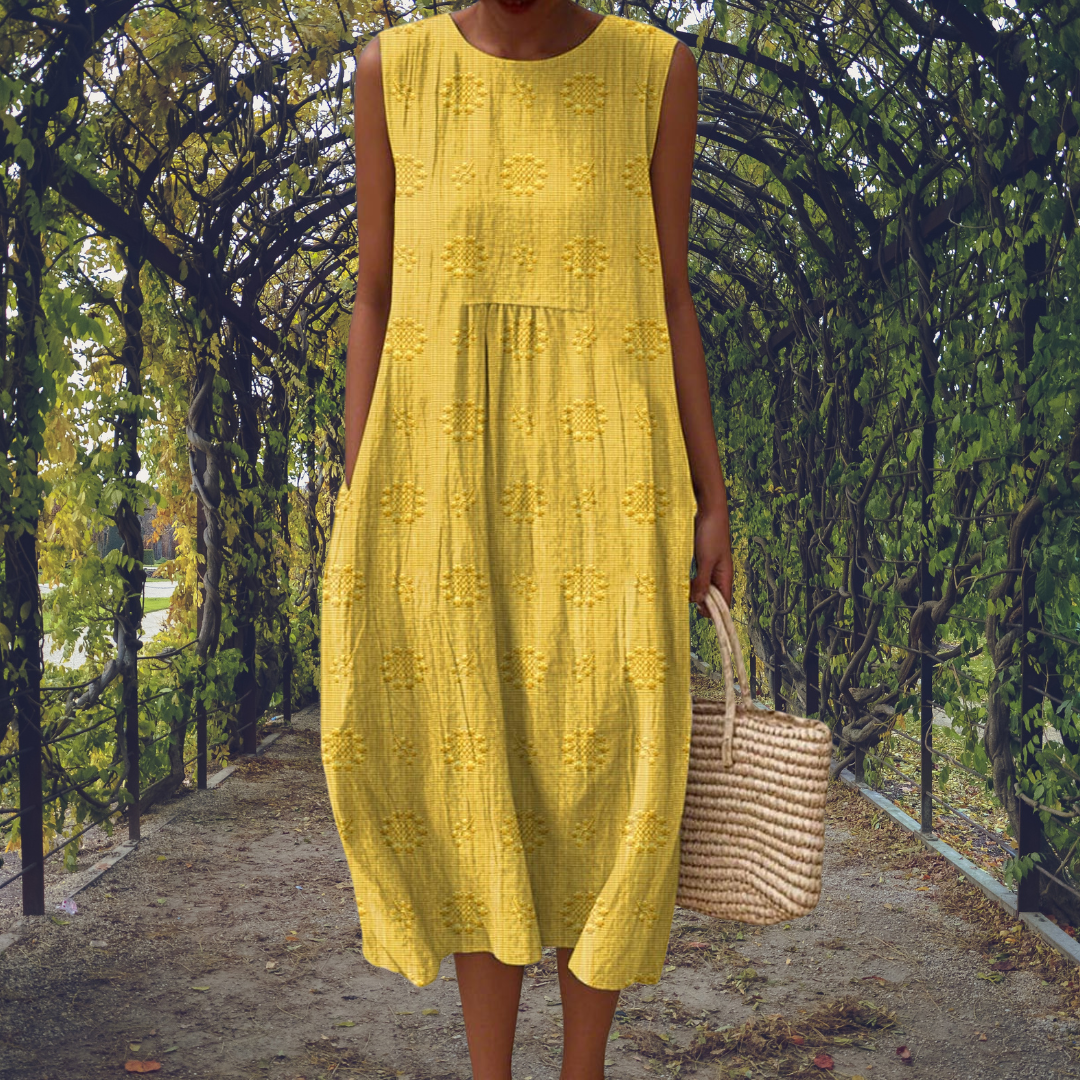 Embroidered Midi Dress with Pockets and Pleated Bodice