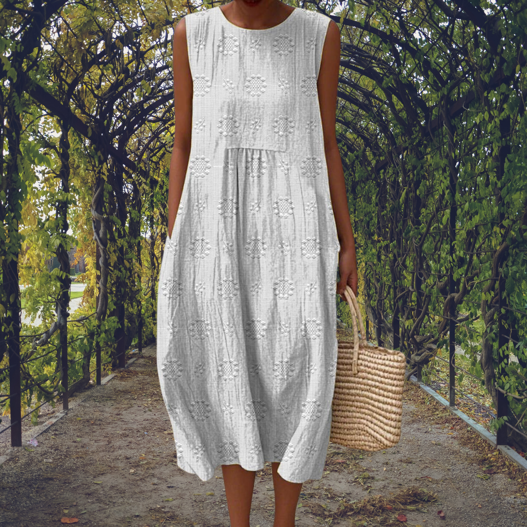 Embroidered Midi Dress with Pockets and Pleated Bodice
