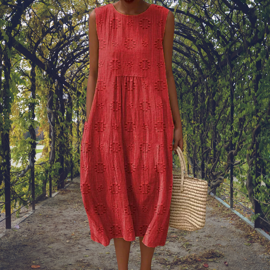 Embroidered Midi Dress with Pockets and Pleated Bodice
