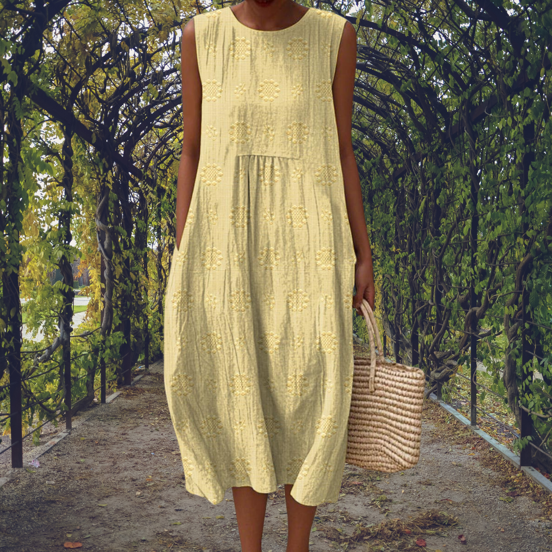 Embroidered Midi Dress with Pockets and Pleated Bodice
