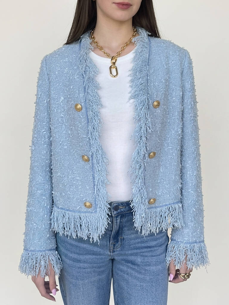 Women's Tweed Fringe Jacket | Cropped Double-Breasted Blazer
