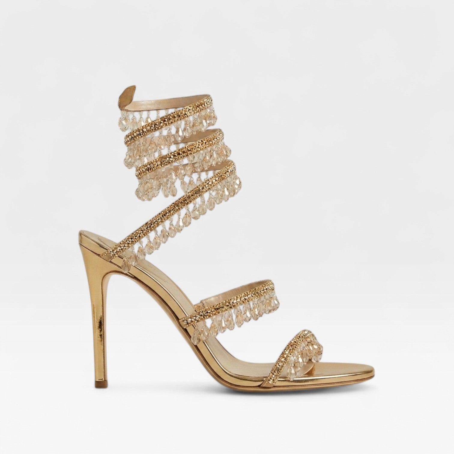 Stiletto Sandals with Spiral Wrap and Fringe Beading