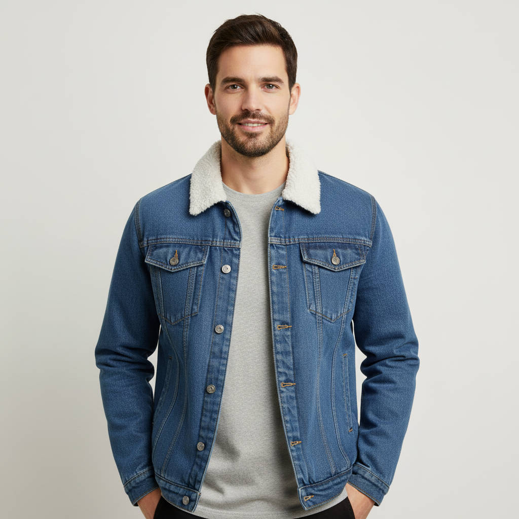 Veste en jean doublée en polaire pour homme | Col imitation peau lainée
