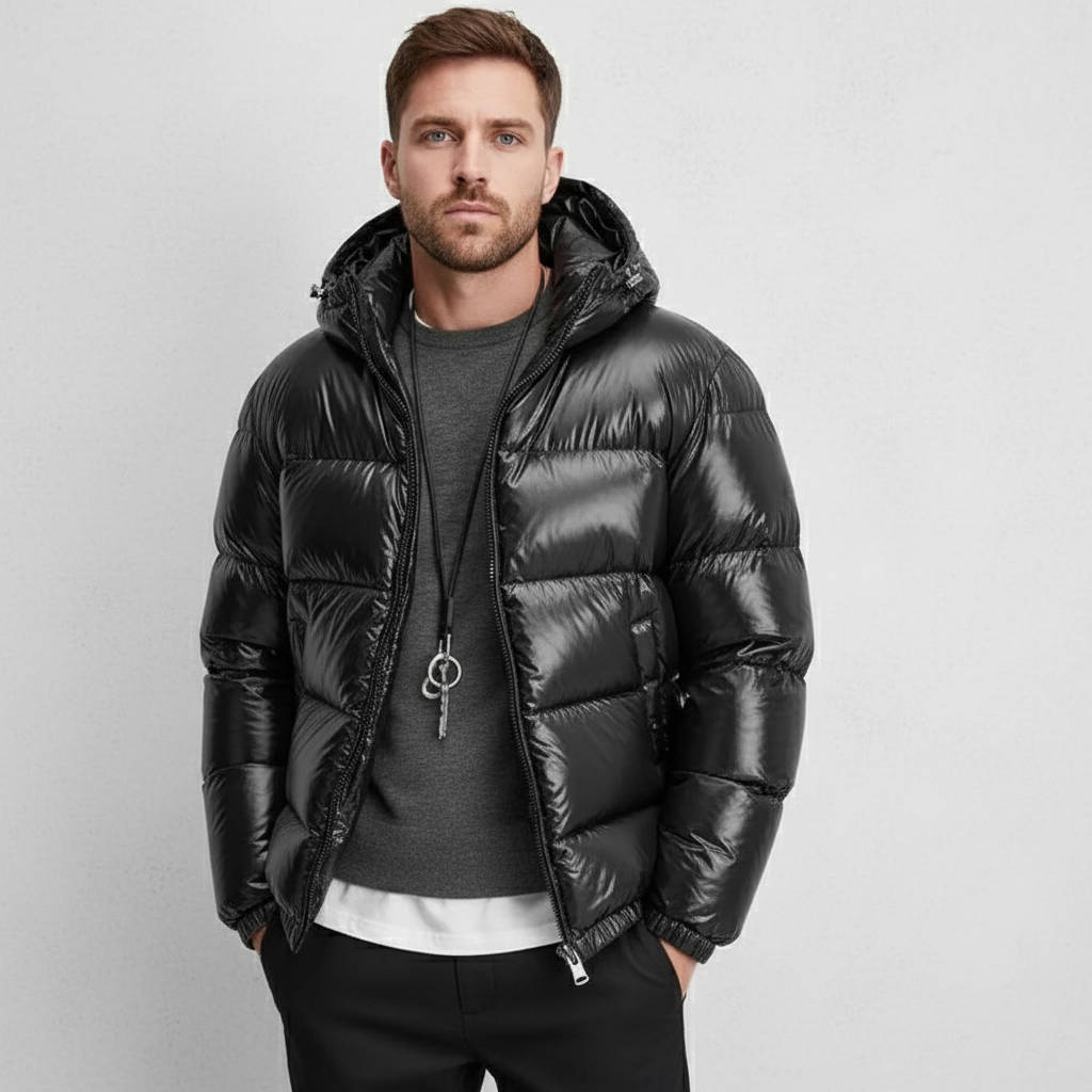 Men's Hooded Puffer Jacket | Glossy Finish Winter Coat