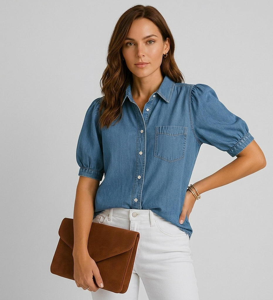 Denim Shirt with Puff Sleeves and Chest Pocket