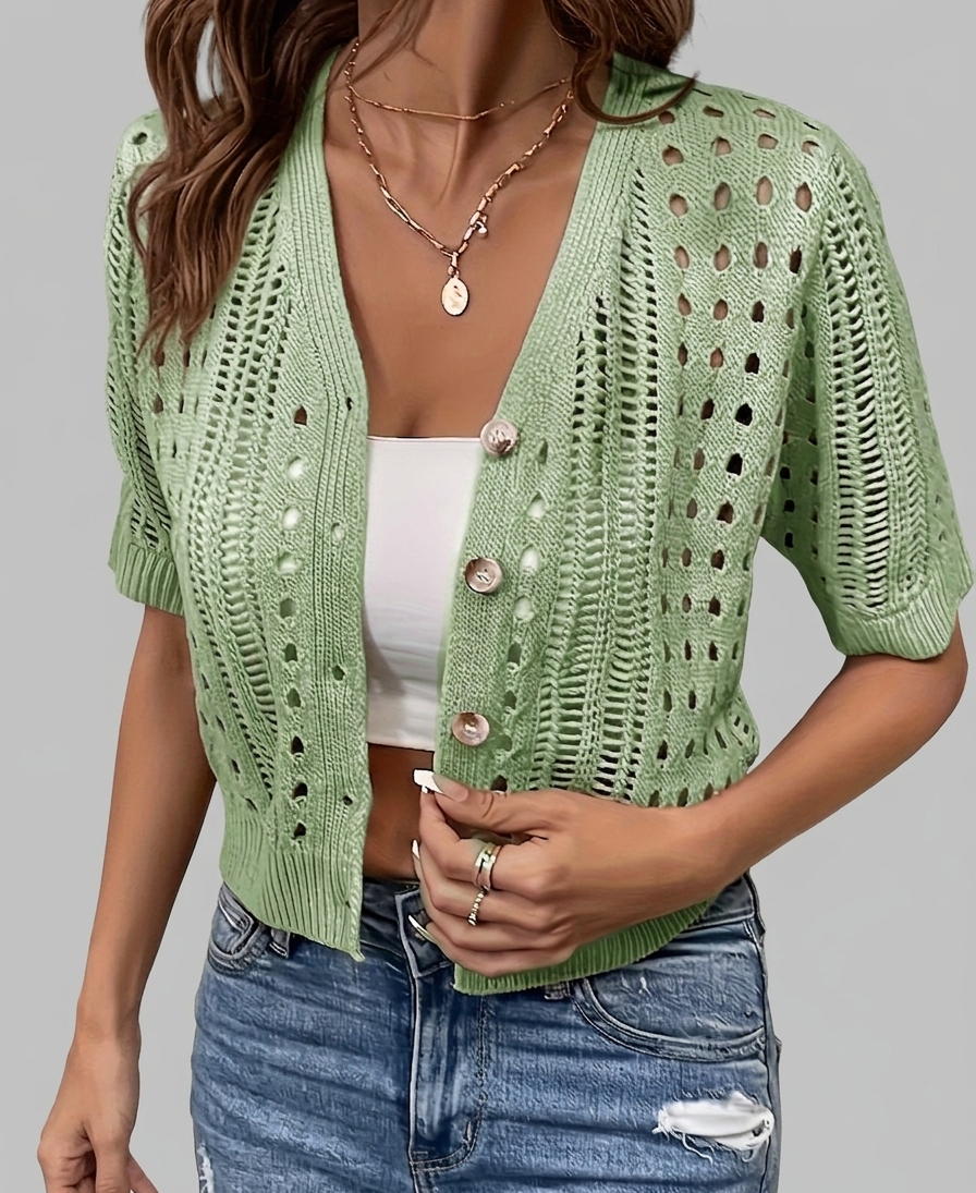 Crochet-Knit Button Cardigan with Short Sleeves