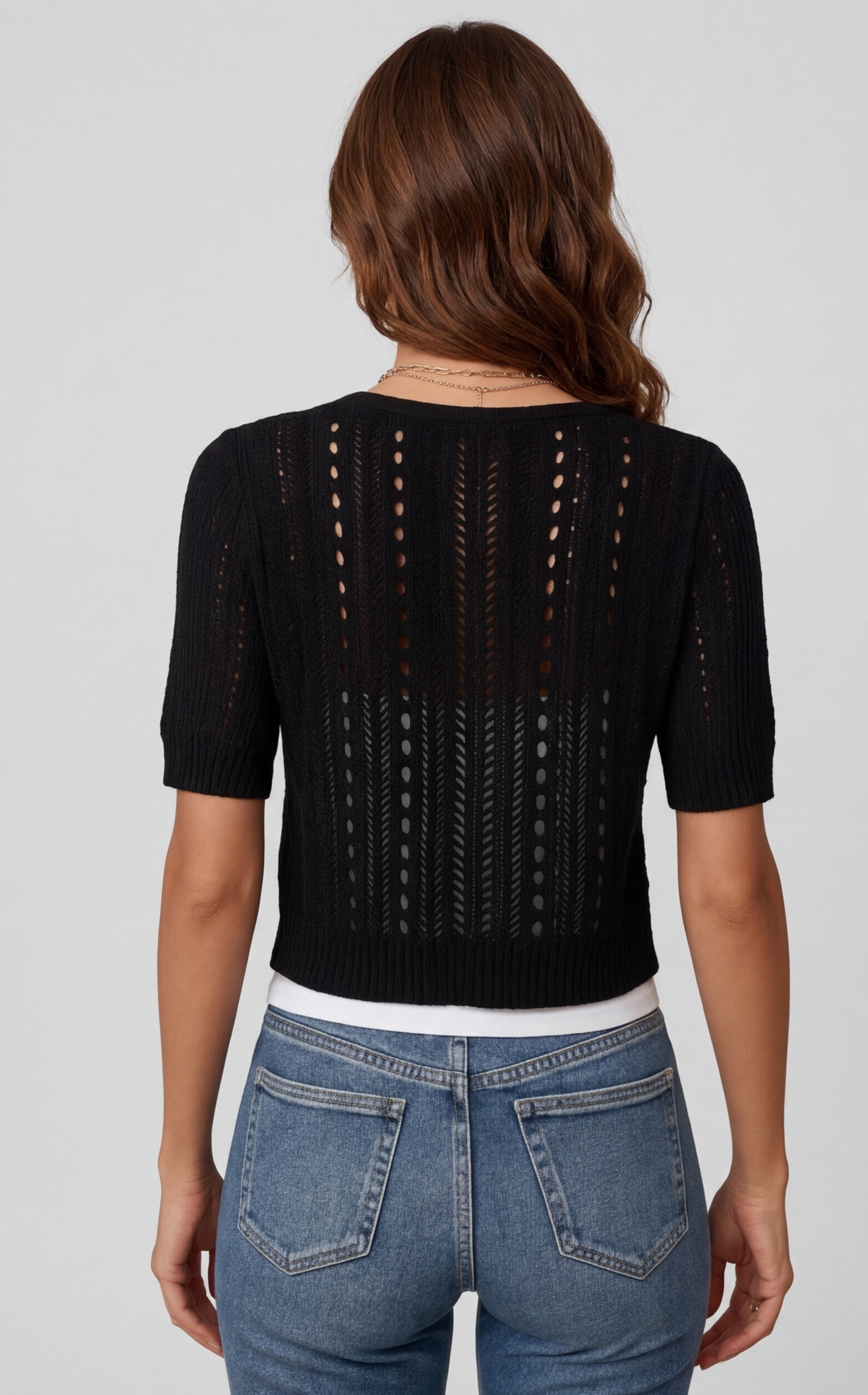 Crochet-Knit Button Cardigan with Short Sleeves
