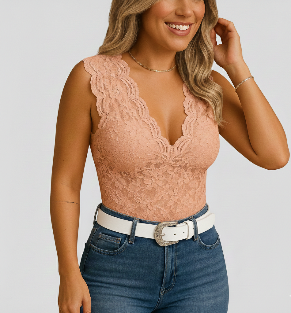 Lace Bodysuit with Scalloped V-Neckline