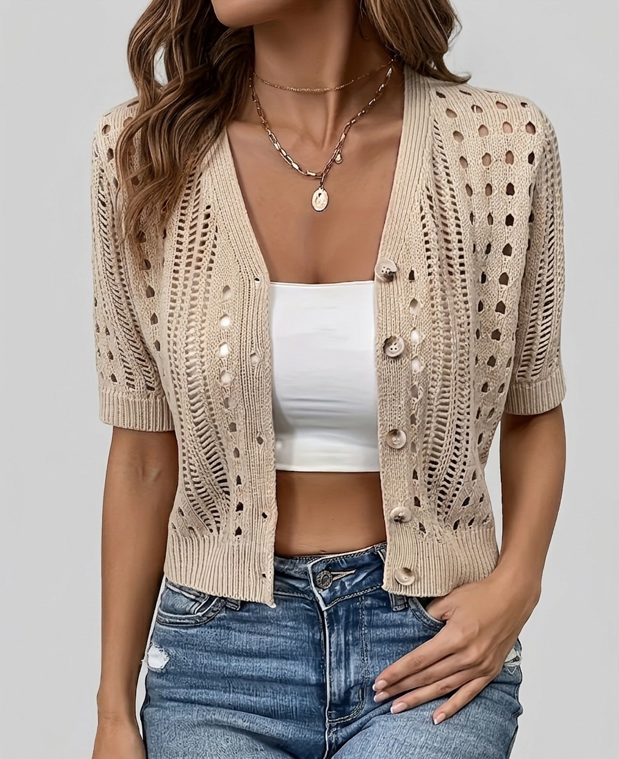 Crochet-Knit Button Cardigan with Short Sleeves