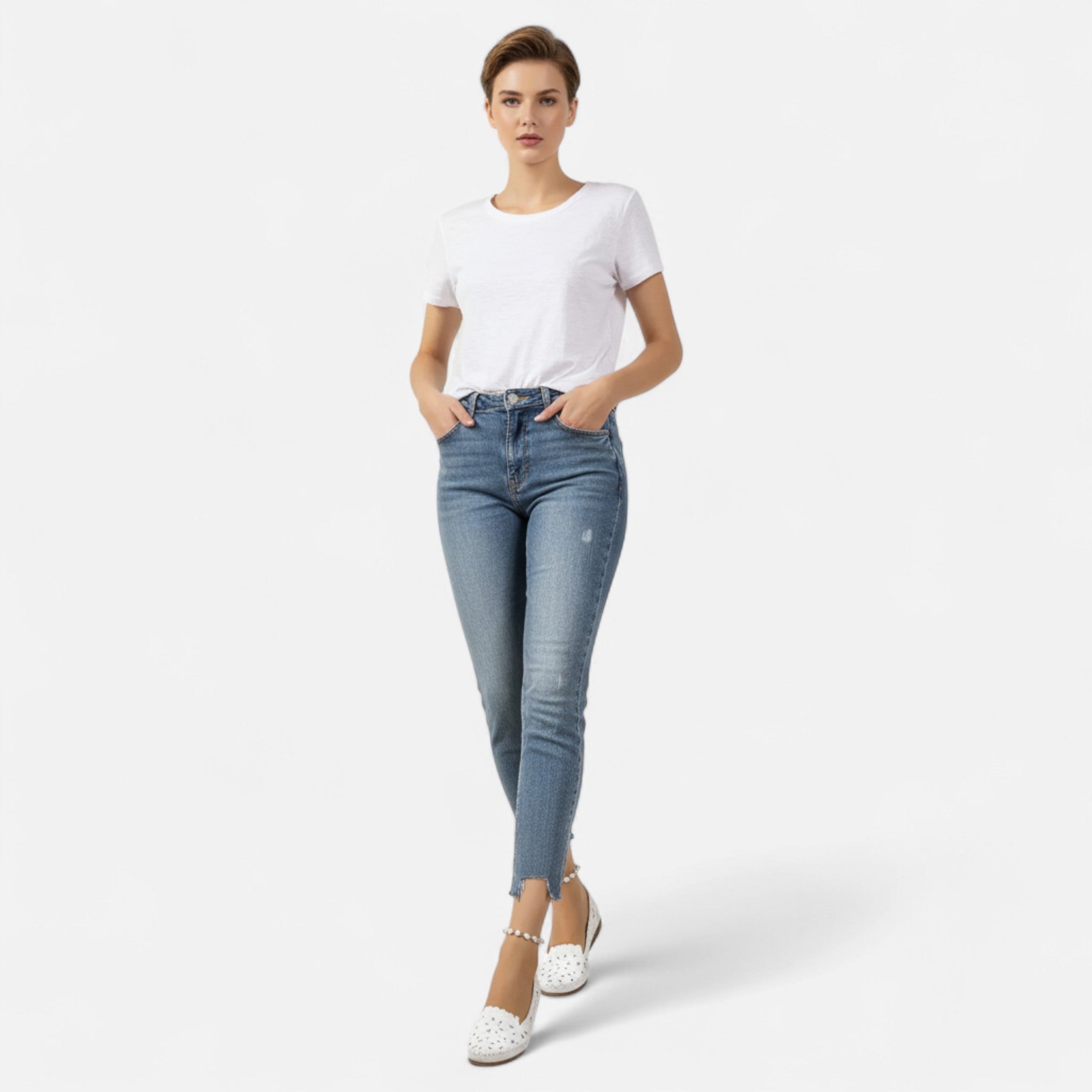 Leather Ballet Flats with Scalloped Cutout Detail