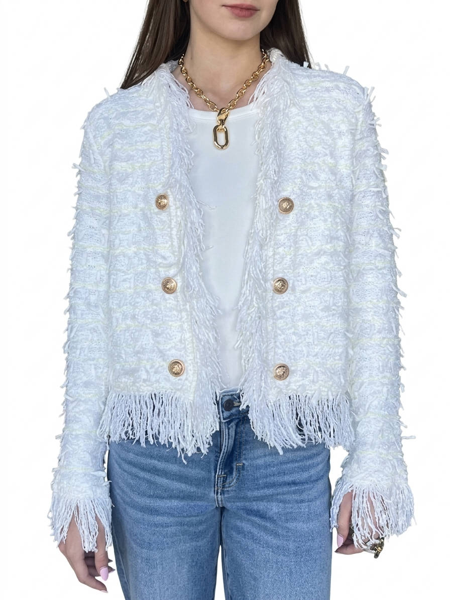 Women's Tweed Fringe Jacket | Cropped Double-Breasted Blazer