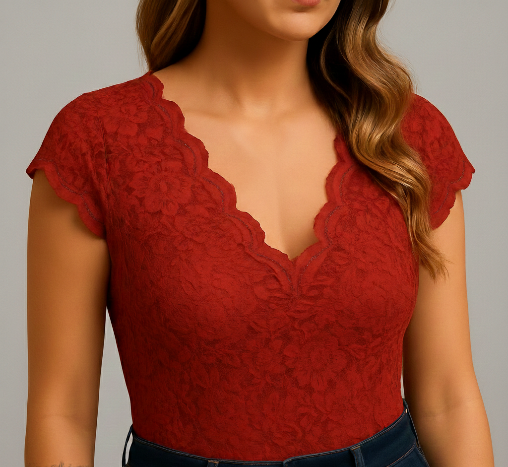 Lace Bodysuit with Scalloped V-Neckline