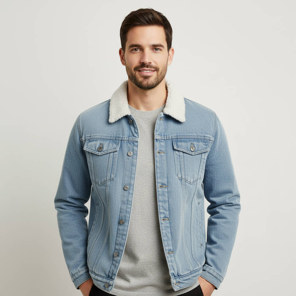 Veste en jean doublée en polaire pour homme | Col imitation peau lainée