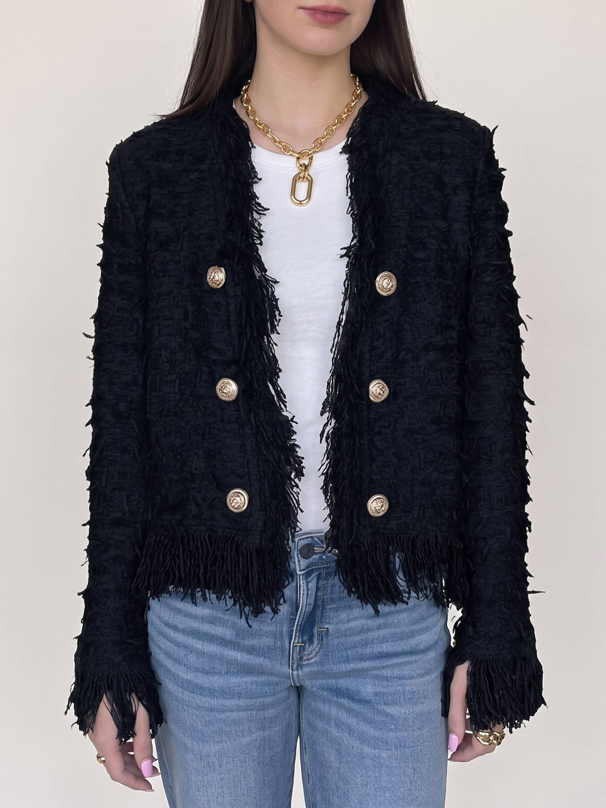 Women's Tweed Fringe Jacket | Cropped Double-Breasted Blazer