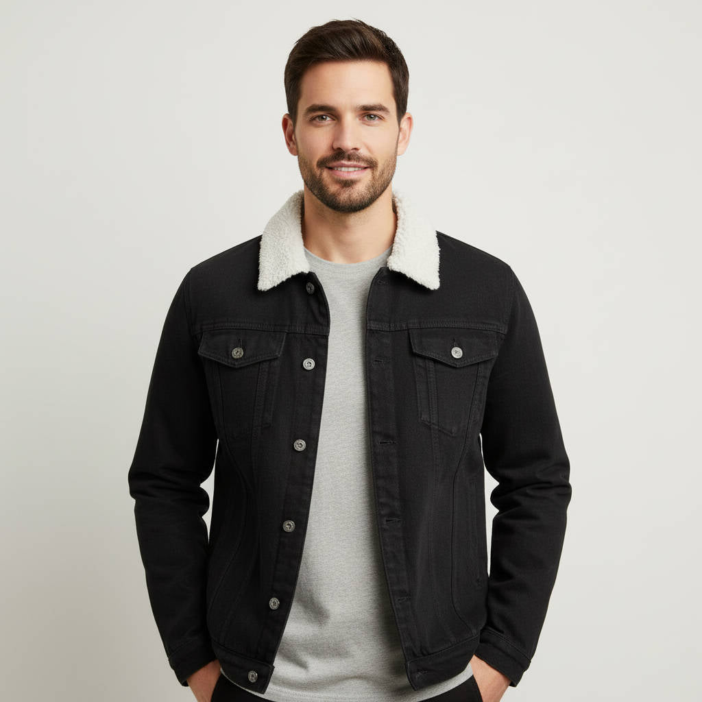 Veste en jean doublée en polaire pour homme | Col imitation peau lainée