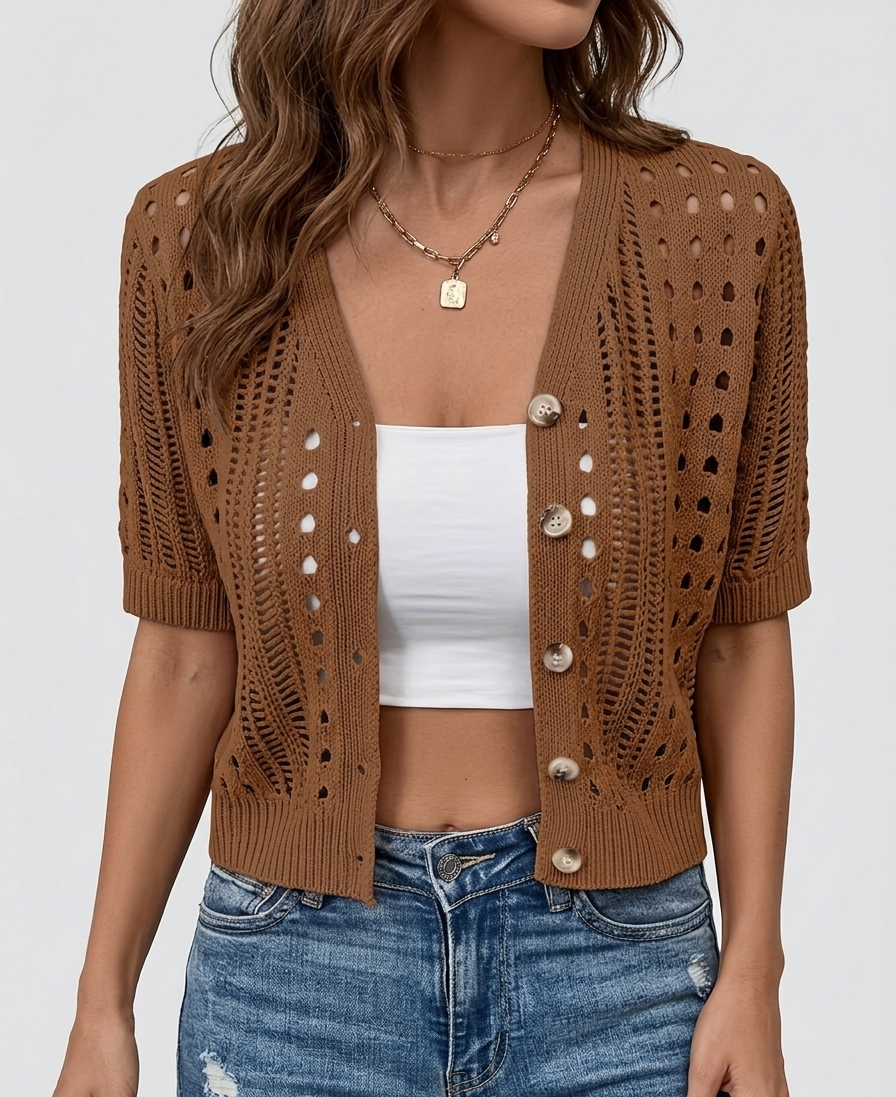 Crochet-Knit Button Cardigan with Short Sleeves