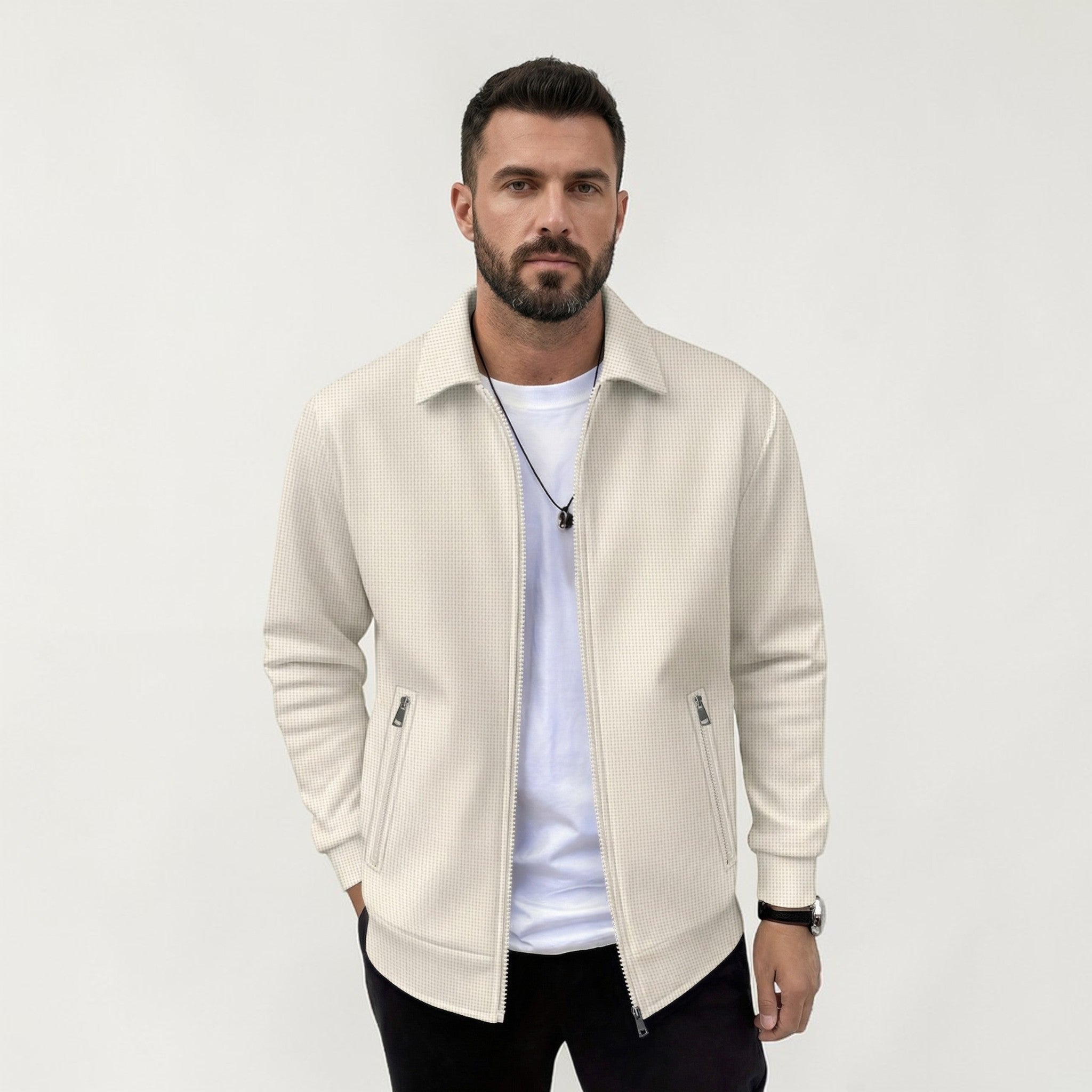 Textured Zip-Up Jacket with Stand Collar and Zip Pockets