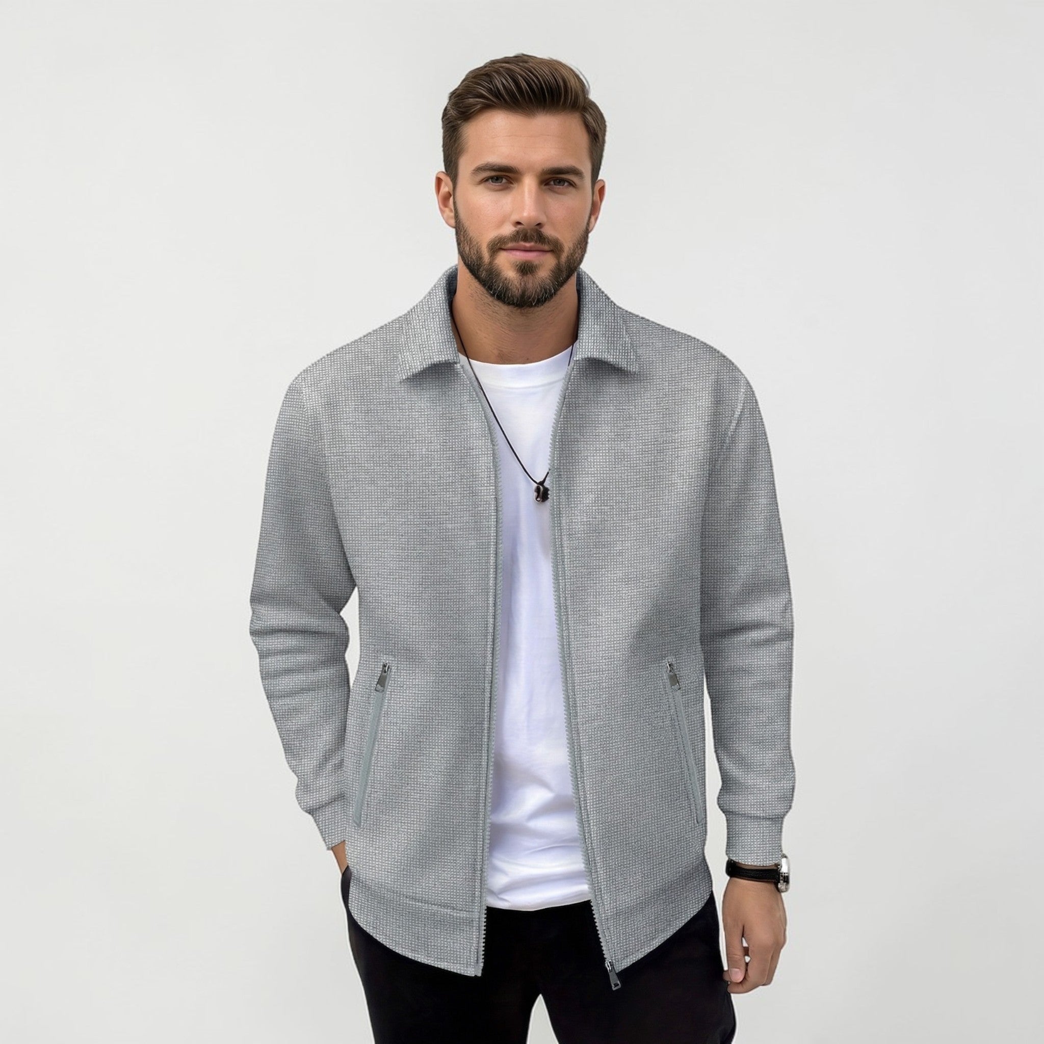 Textured Zip-Up Jacket with Stand Collar and Zip Pockets