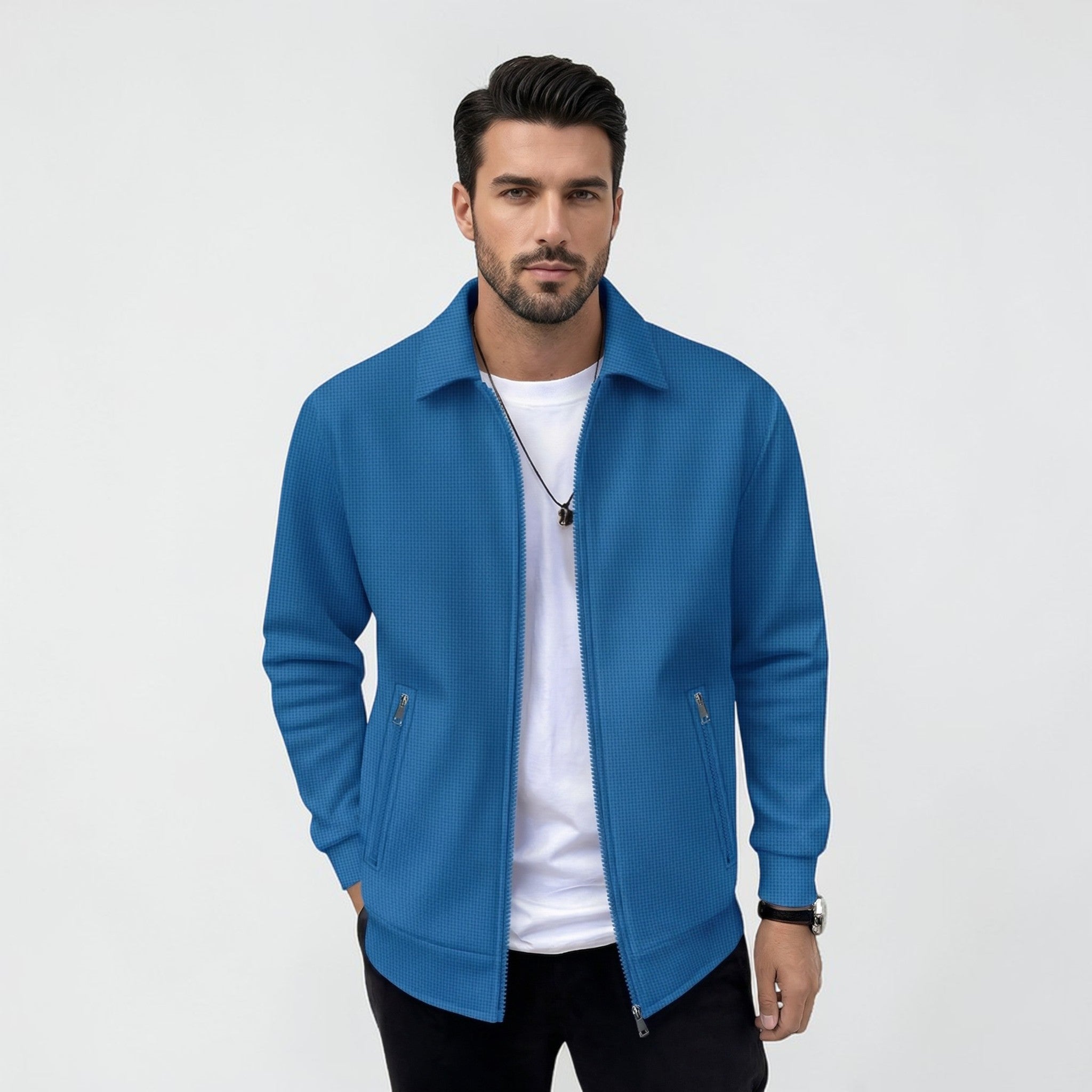 Textured Zip-Up Jacket with Stand Collar and Zip Pockets