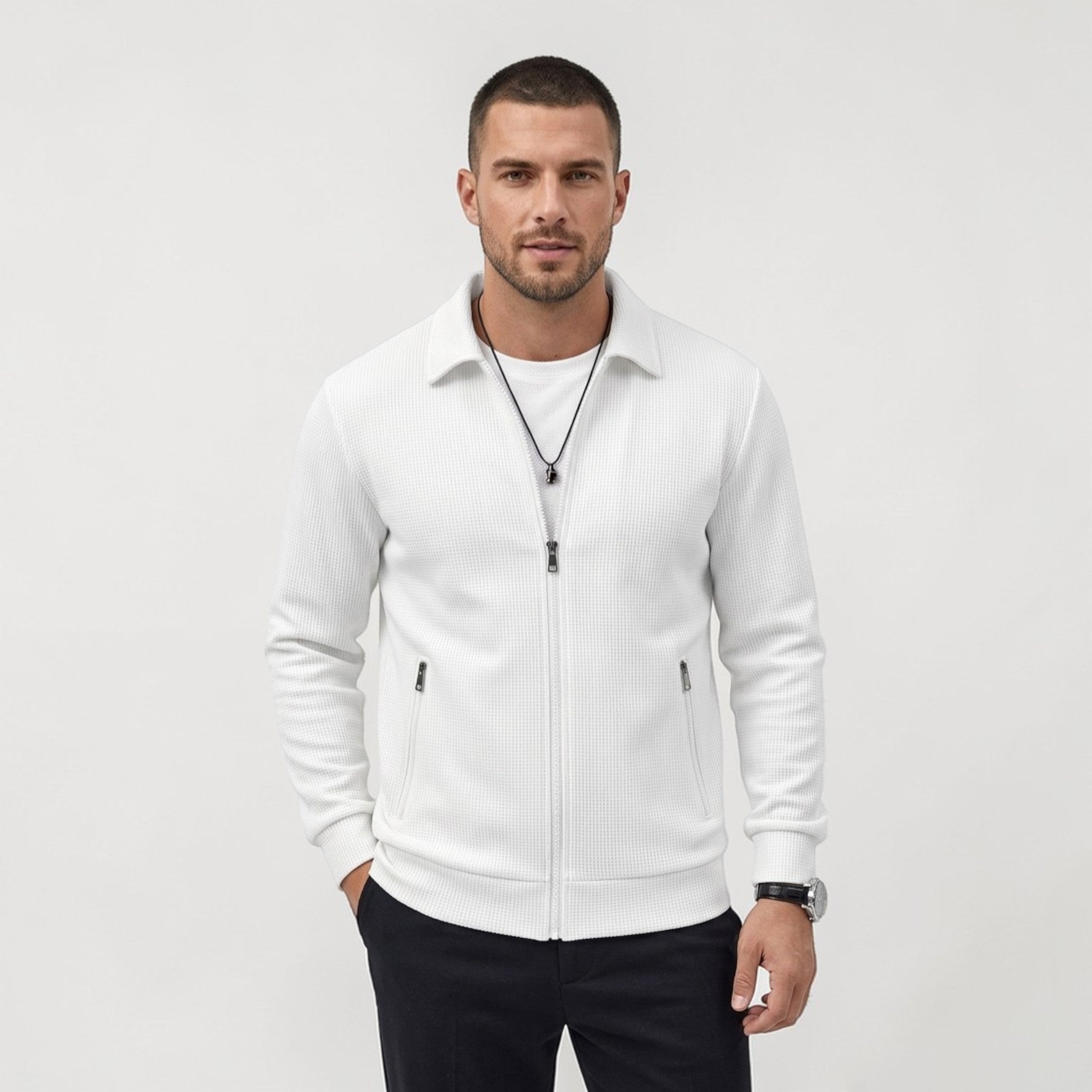 Textured Zip-Up Jacket with Stand Collar and Zip Pockets