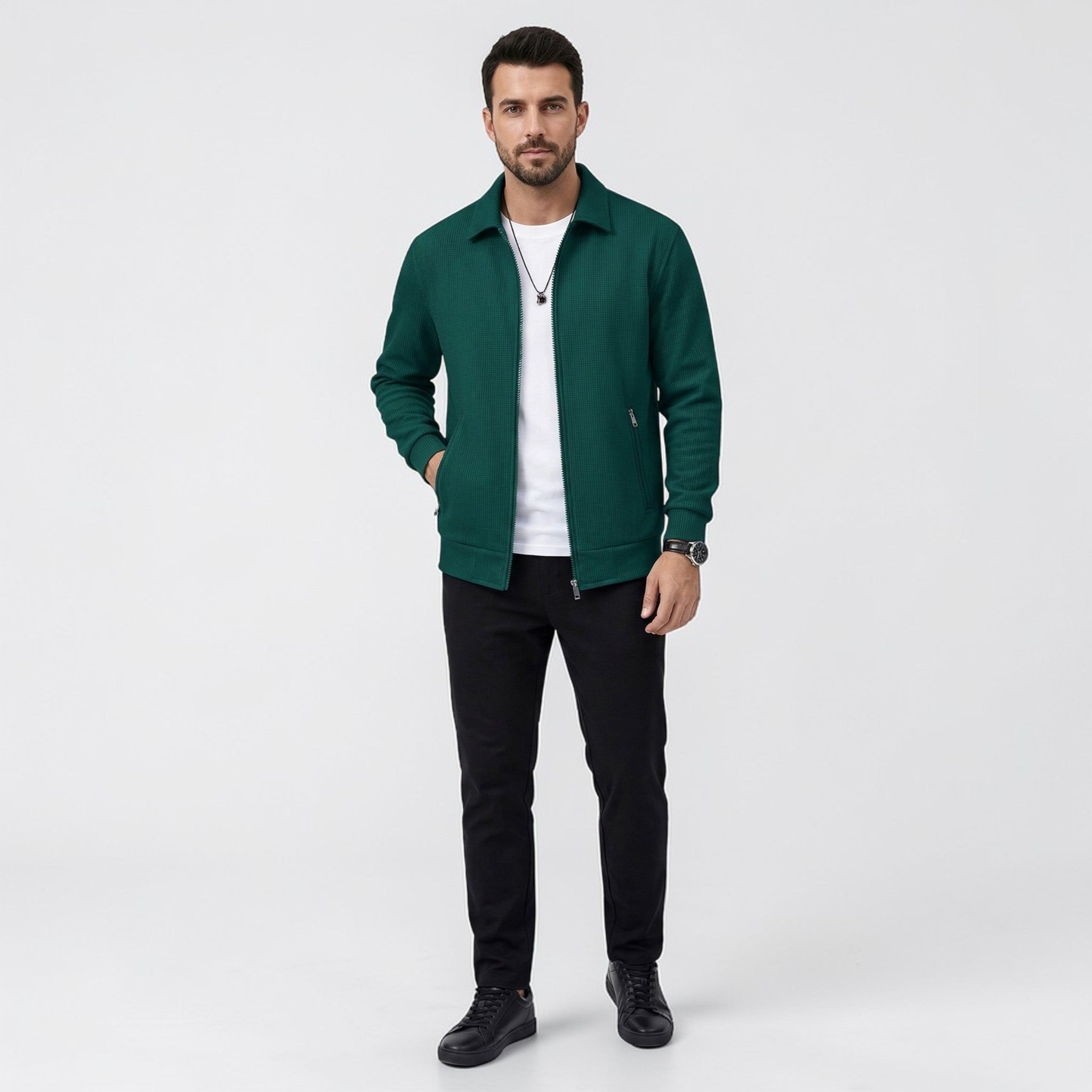 Textured Zip-Up Jacket with Stand Collar and Zip Pockets
