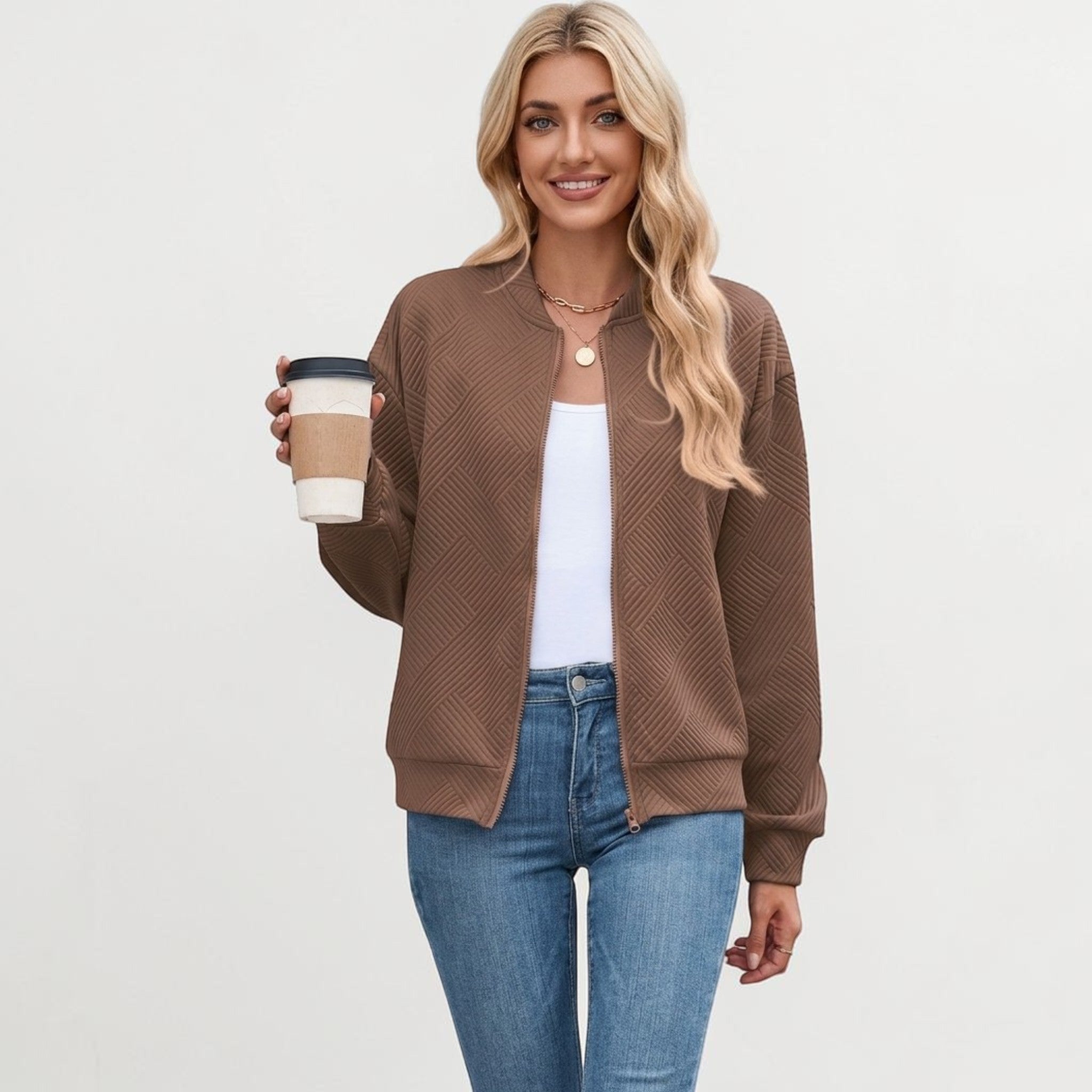 Quilted Bomber Jacket with Zip Front and Ribbed Hem