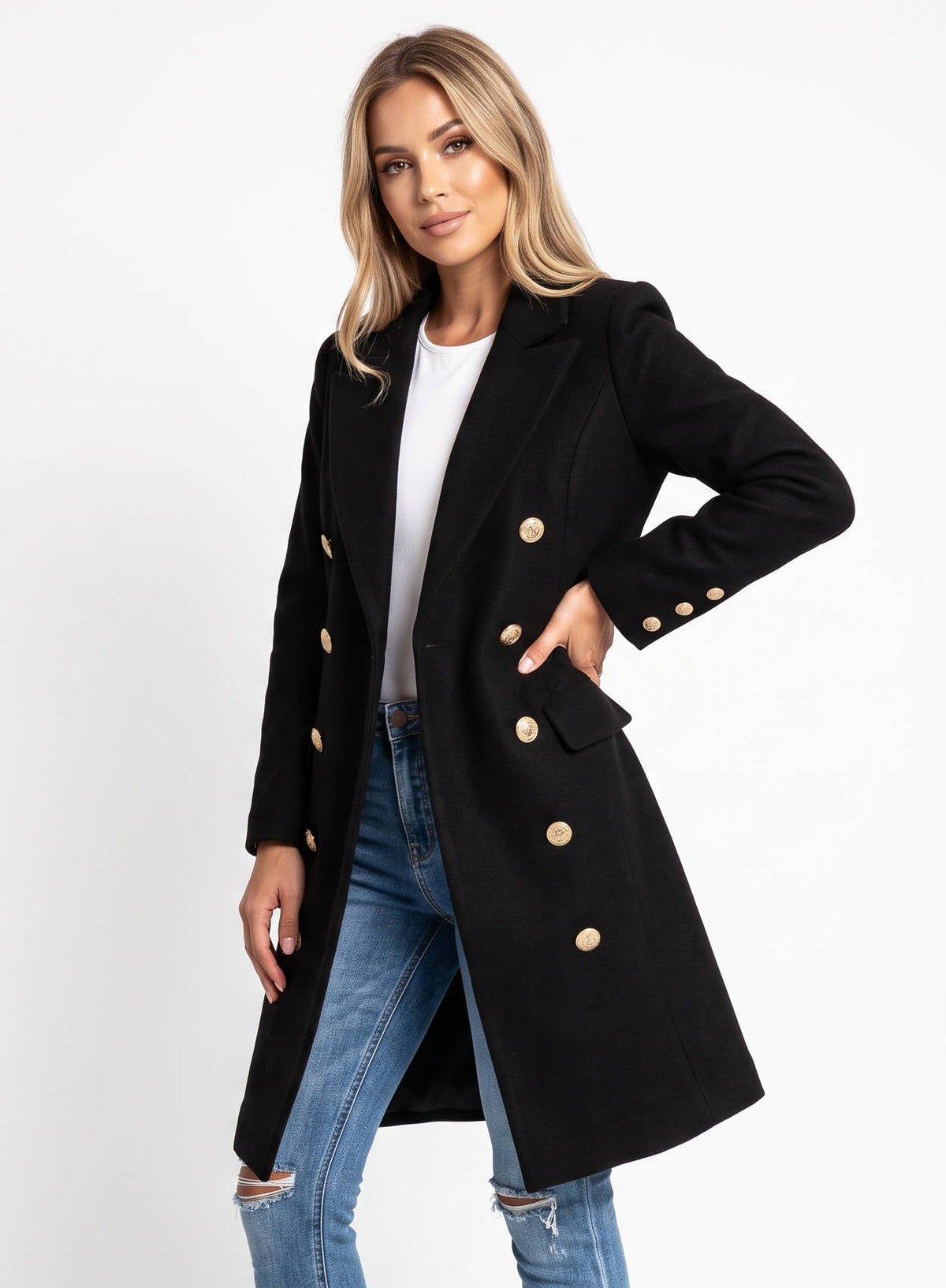 Women's Double Breasted Wool Coat | Midi Length Peacoat