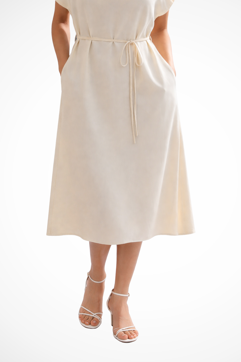Robe midi pour femme à manches chauve-souris et taille nouée