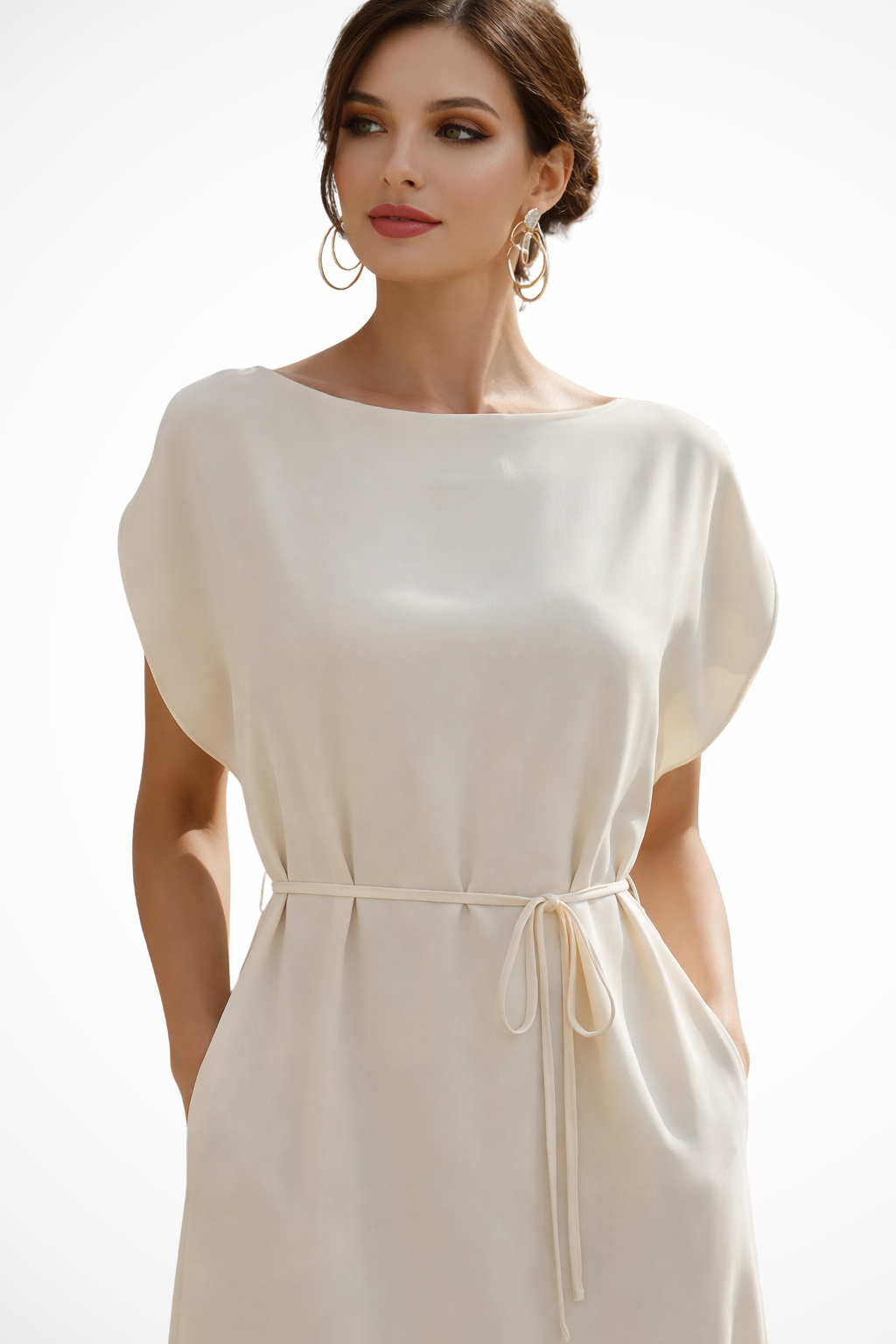 Robe midi pour femme à manches chauve-souris et taille nouée