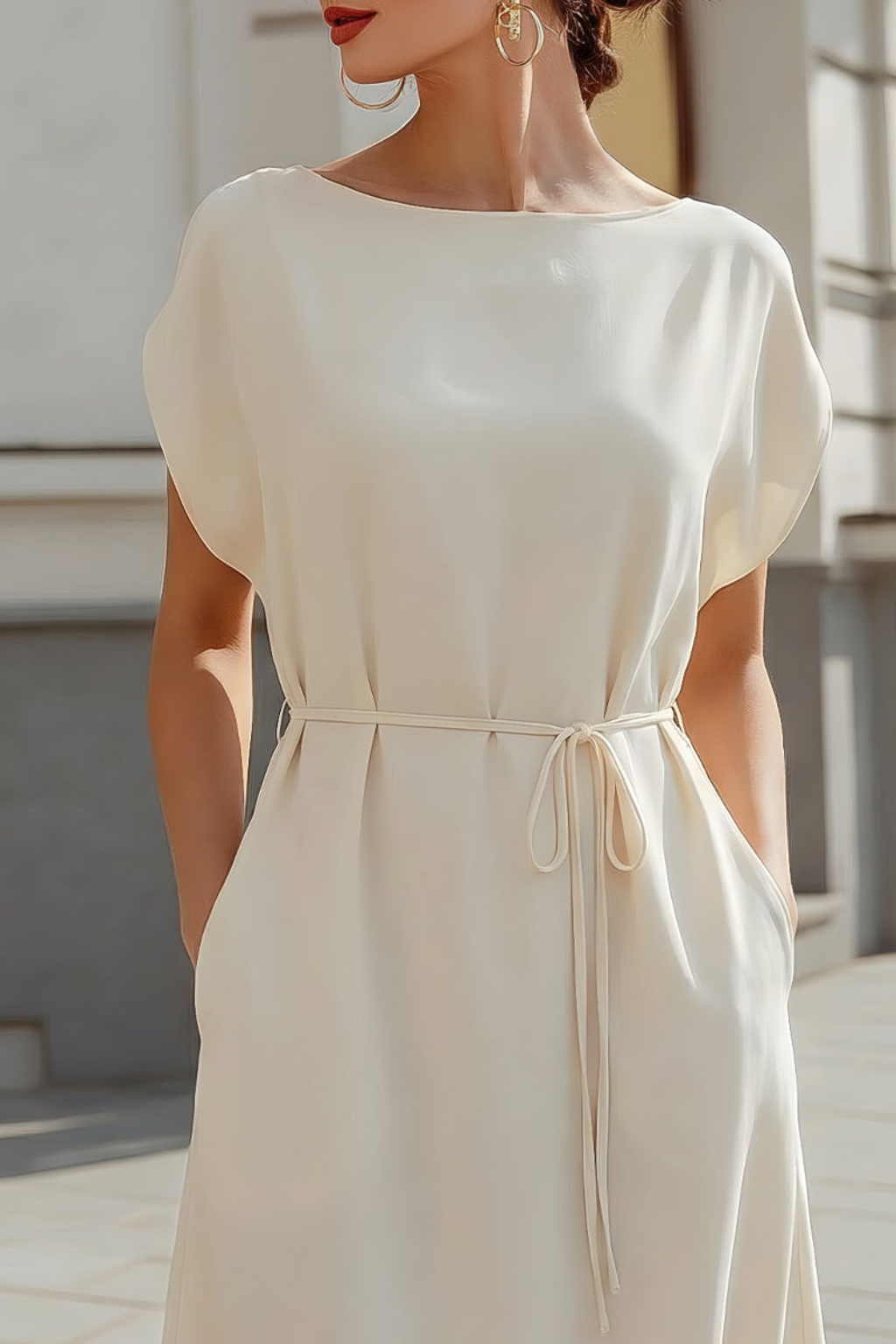 Robe midi pour femme à manches chauve-souris et taille nouée