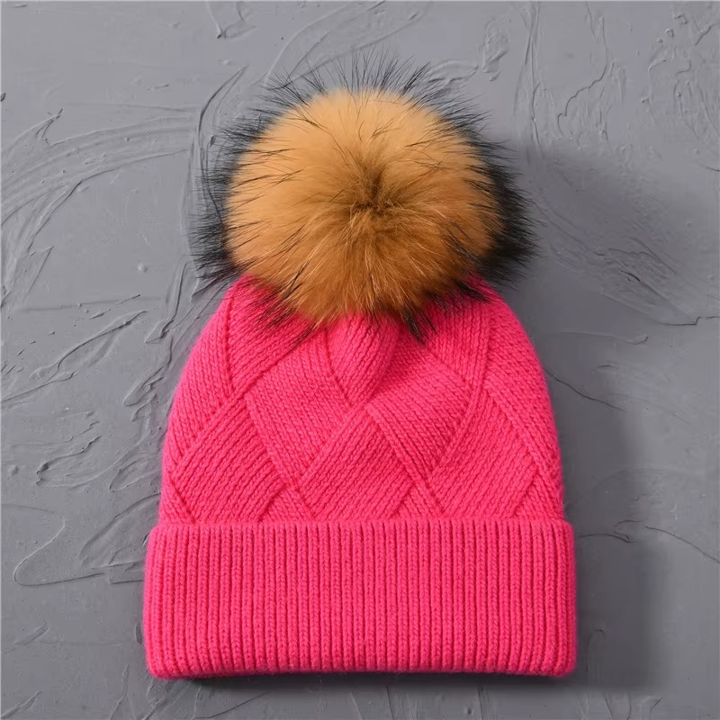 Cashmere Beanie Hat with Faux Fur Pom Pom