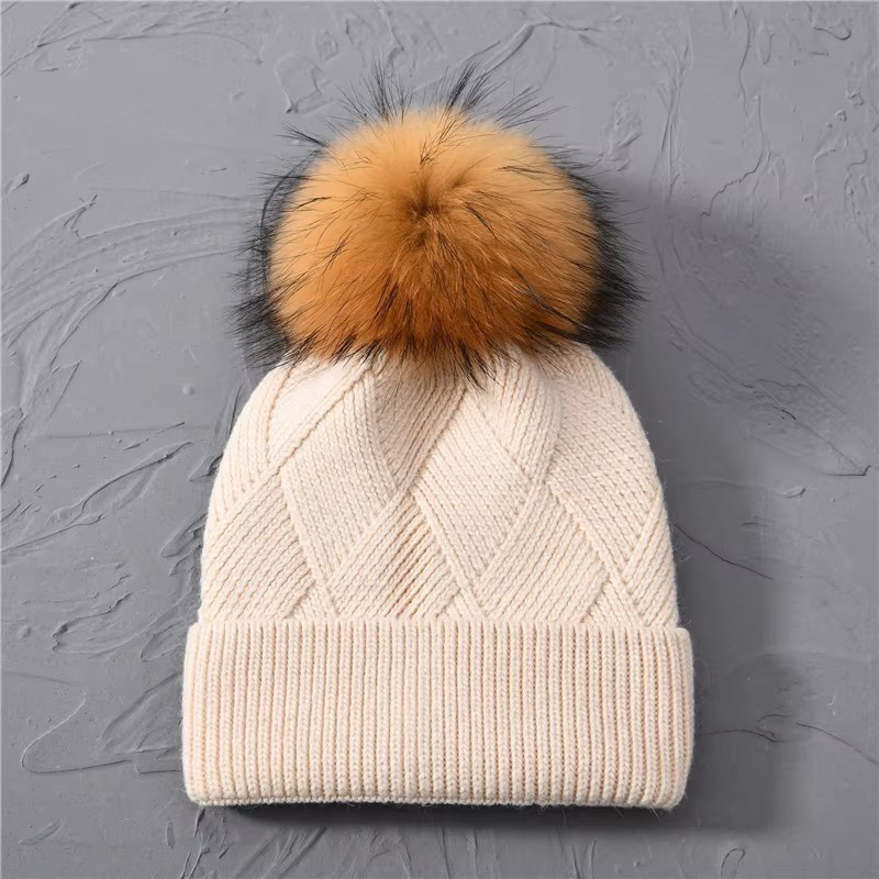 Cashmere Beanie Hat with Faux Fur Pom Pom
