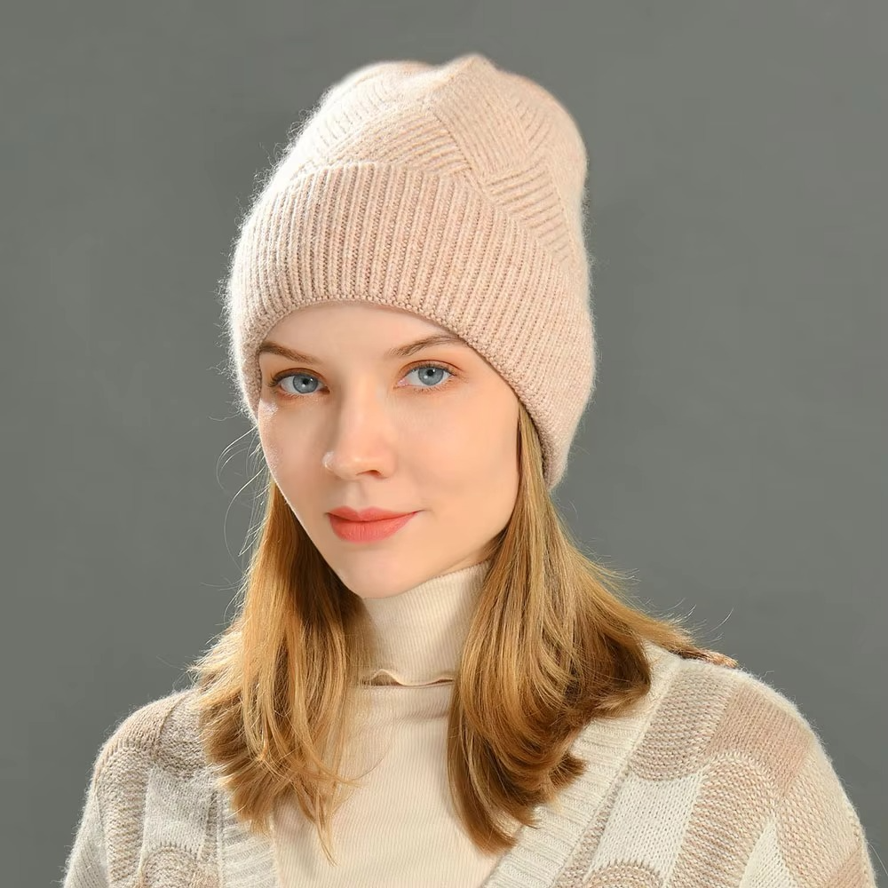Cashmere Beanie Hat with Faux Fur Pom Pom
