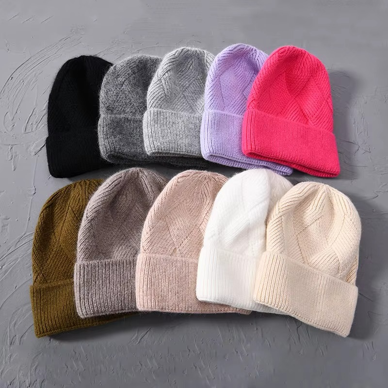 Cashmere Beanie Hat with Faux Fur Pom Pom