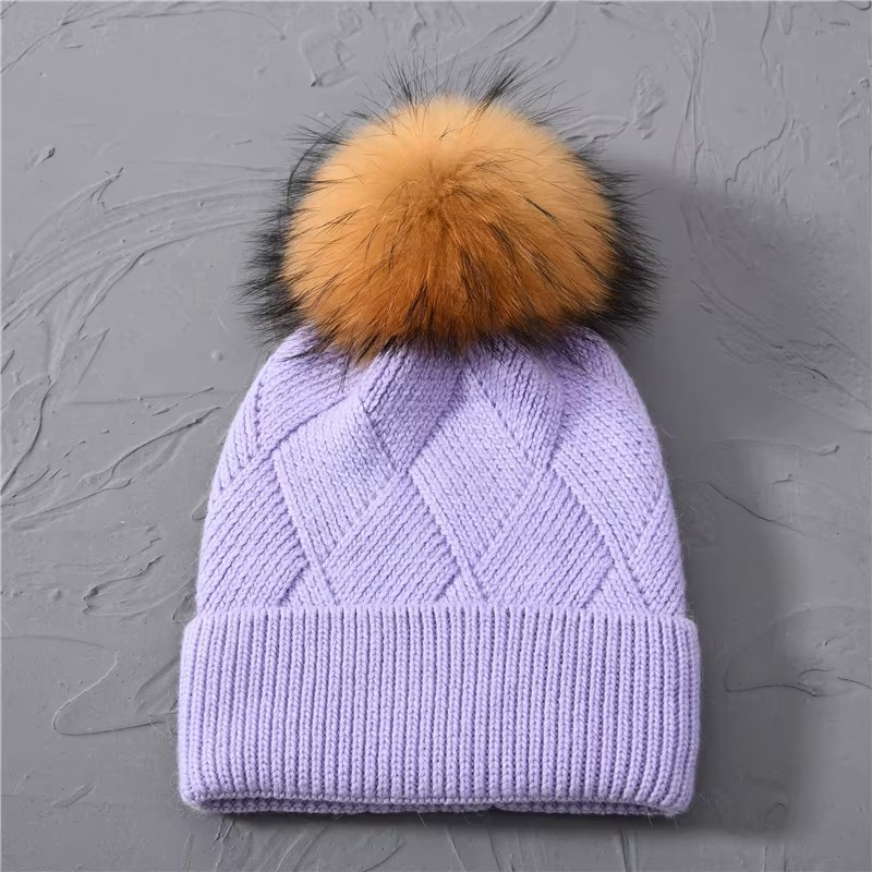Cashmere Beanie Hat with Faux Fur Pom Pom