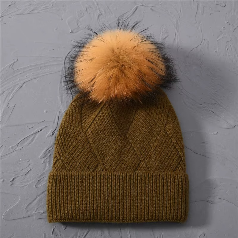 Cashmere Beanie Hat with Faux Fur Pom Pom